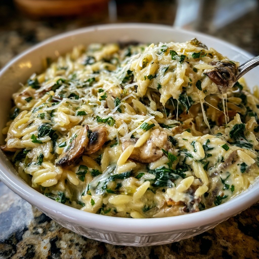 Romantic Creamy Spinach Mushroom Orzo